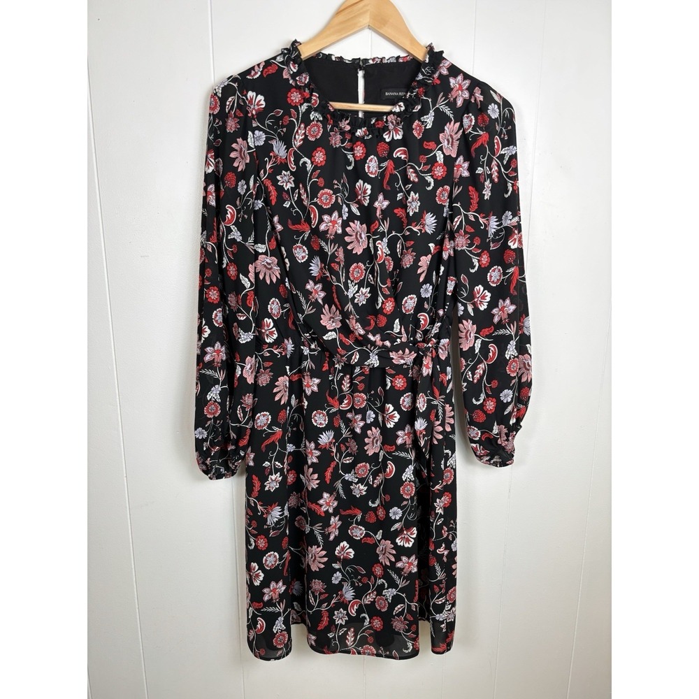 Banana Republic Size‎ 8 Black Red Floral Dress Above Knee High Neck Long Sleeve